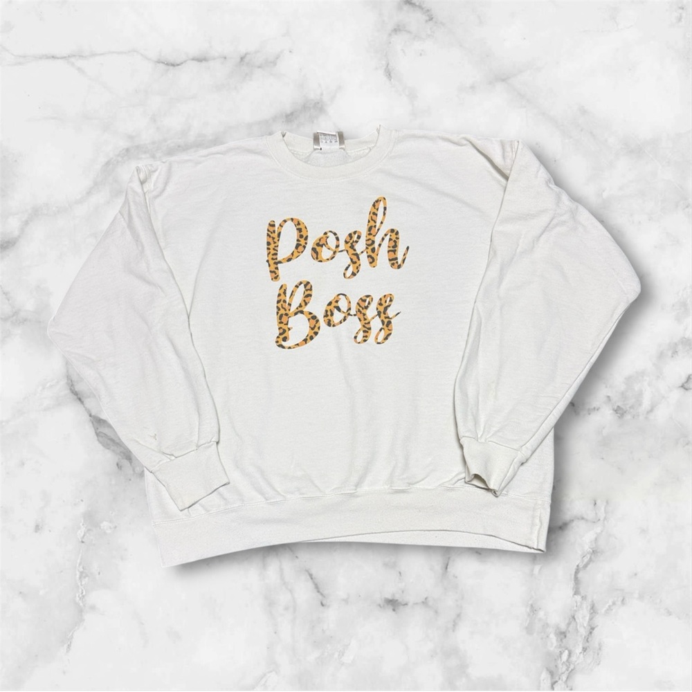 Hanes “Posh Boss” White Crewneck Sweater with Gold animal Print size large